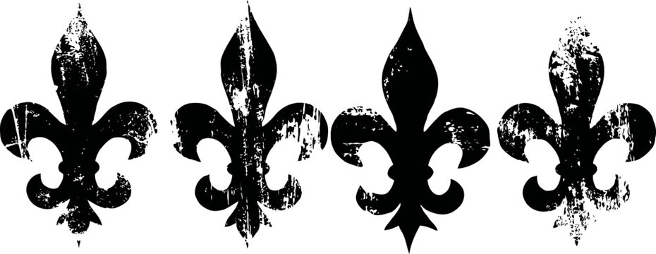 Grunge fleur de lis symbols set in black with distressed texture on white background