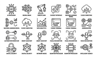 Fototapeta premium Minimal black and white artificial intelligence icons pack with neural network robotics and machine learning symbols vector isolated on white background
