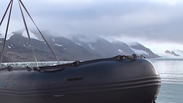A ship gently deploys an exploration tender into the vast Arctic Ocean.