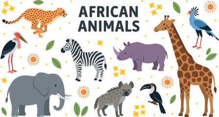 African animals cartoon vector set with safari wildlife elephant giraffe cheetah rhino zebra isolated on transparent background © Honey!