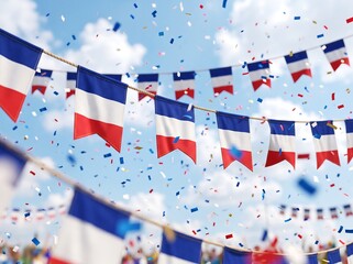 Obraz premium French flags waving with confetti under blue sky