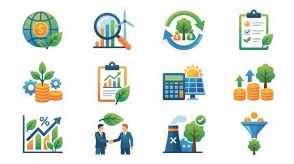 Fototapeta premium Professional Illustrated Icons Showcasing Global Finance Sustainable Investments Green Energy and Economic Growth