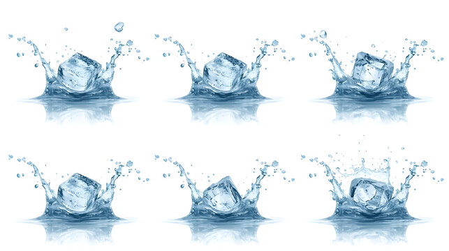digital illustration featuring six distinct arrangements of ice cubes interacting with splashes of water. Each arrangement is isolated on a white background, emphasizing the clarity and transparency o