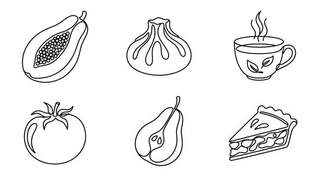 Hand-drawn food icons: papaya, khinkali, tea, tomato, pear, apple pie slice