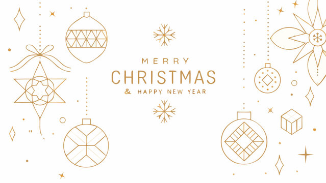 Golden christmas ornaments and snowflakes linear vector illustration