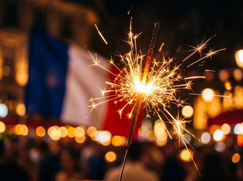 Sparkling Celebration at Night with French Flag