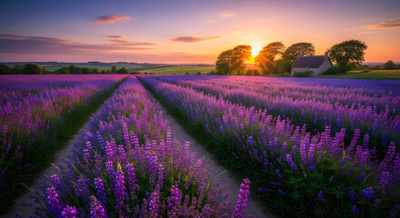 Fototapeta premium Blooming purple flower field in a rural landscape at sunset golden hour