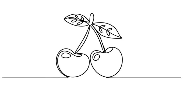 Continuous single line drawing of two fresh cherry fruits with green leaves in a simple minimalist style illustration Vector, illustration
