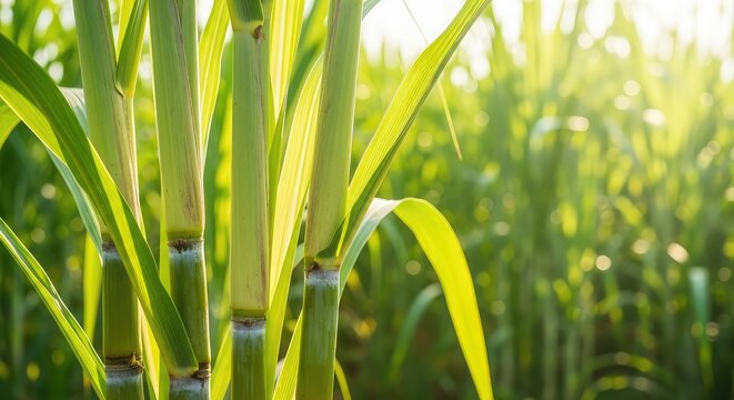 Vibrant green sugarcane stalks growing in a lush field under bright sunlight, highlighting the natural source of powerful glycolic acid, crop, tropical, stems