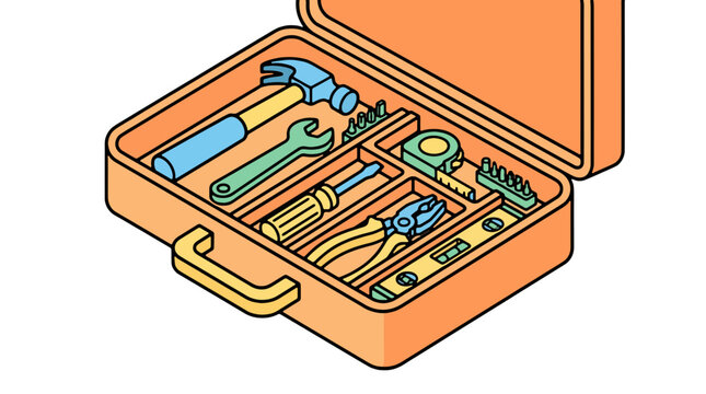 An open orange toolbox displays a selection of essential hand tools, including a hammer, wrench, screwdriver, pliers, and measuring tape, neatly organized for accessibility.