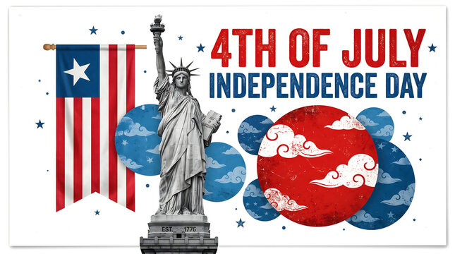 Patriotic 4th of july independence day with statue of liberty statue red circle clouds and vertical american flag banner