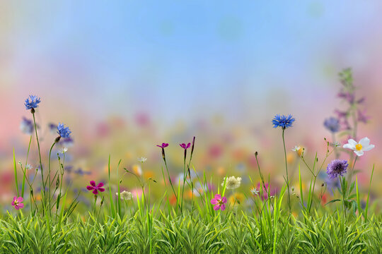 Summer floral meadow with different wild flowers