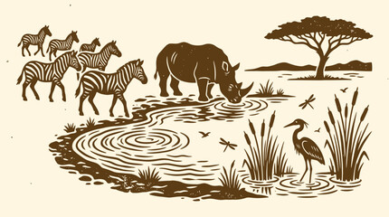 Hand Drawn illustration of animals gathered around a watering hole in savannah © Crushin