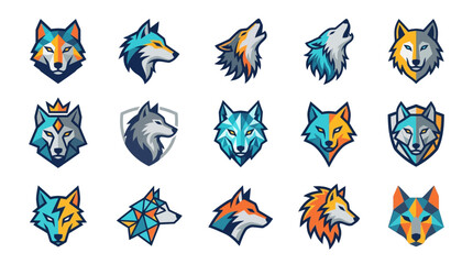 Obraz premium Collection of stylized wolf head illustrations in various poses and colors.