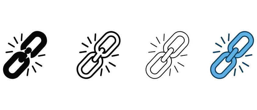 Chain link icons in different styles and colors  black solid line outline and blue on white background