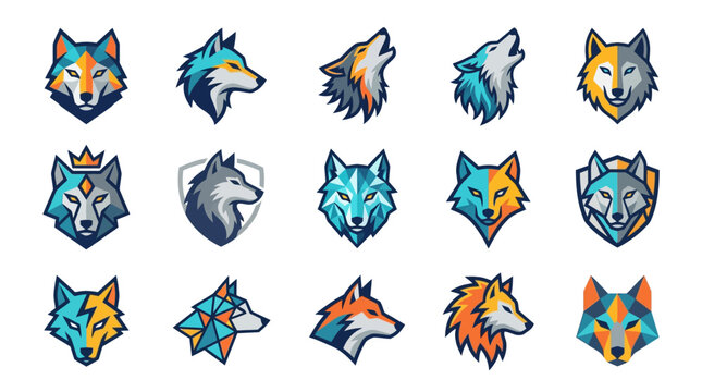 Collection of stylized wolf head illustrations in various poses and colors.