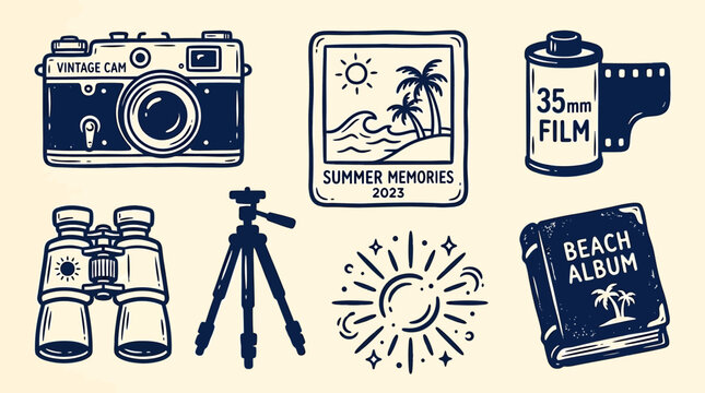 Hand Drawn summer memories scene with vintage camera tripod binoculars film and beach album on sunny day