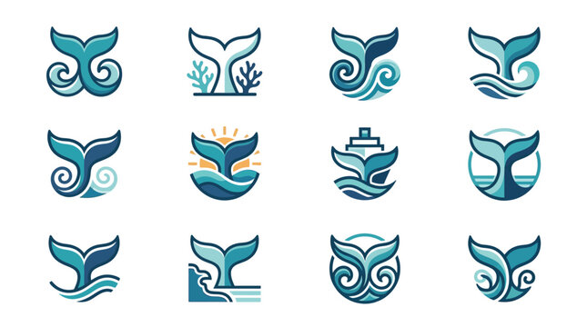 Collection of stylized whale tail logos with ocean wave elements.