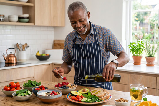 Senior Man Cooking Fresh Healthy Meal in Modern Kitchen