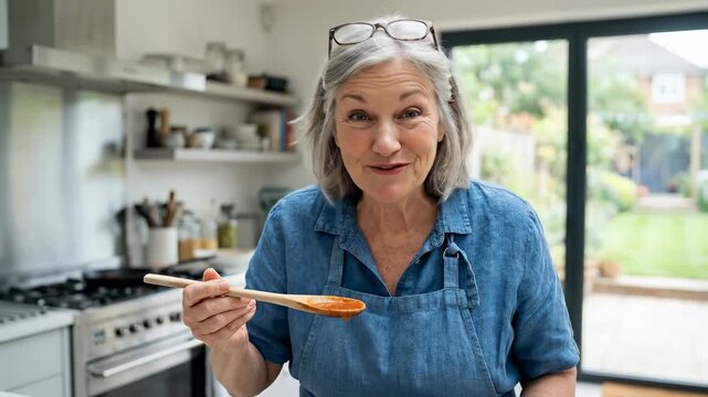 Woman tastes sauce with spoon in modern kitchen. She looks at camera with playful expressions. Bright kitchen setting with greenery outside. Concept of family cooking, home dining, culinary arts