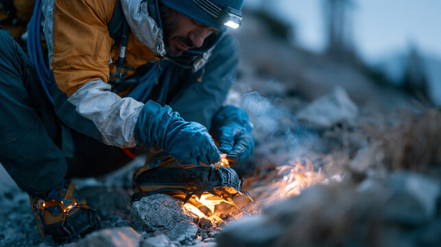 Weathered mountaineer lacing crampons alone in darkness at 3am beside a flickering headlamp on frozen gravel, summit ridge glowing faintly above treeline, breath misting in frigid alpine air, solitu