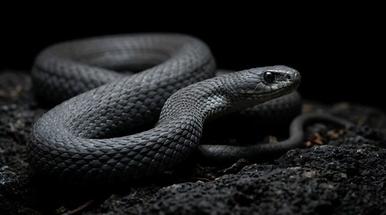 Obraz premium Black snake on dark ground, close-up, mysterious and dangerous reptile.