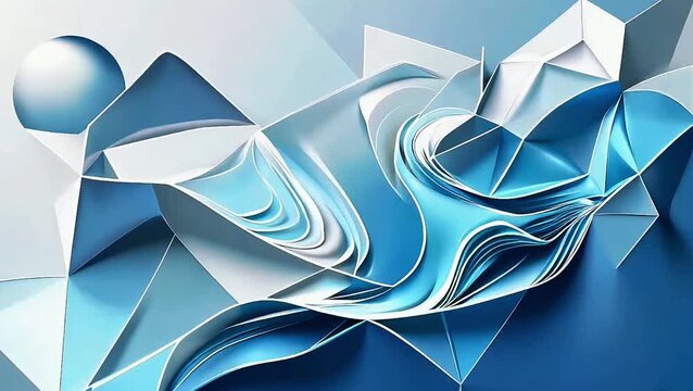 Abstract geometric shapes in flowing motion with cool blue and white tones, evoking a sense of digital art and fluid design principles