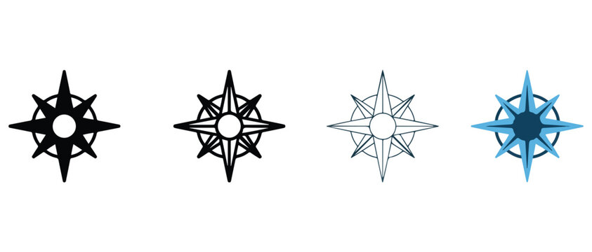 Compass star symbols icons set for navigation and direction on maps and charts for design and decoration