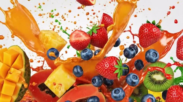 Dynamic splash of fresh mixed fruits and colorful juice on white background