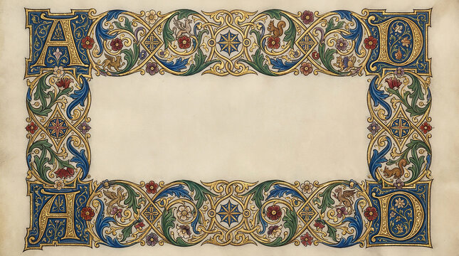 Ornate medieval manuscript illumination with decorative border and initial letters a and d.