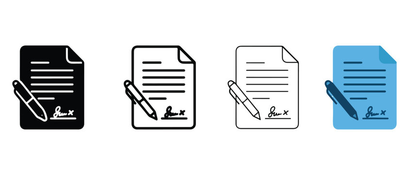 Document icon set with pencil and signature  paper and pen symbols for editing and approving documents