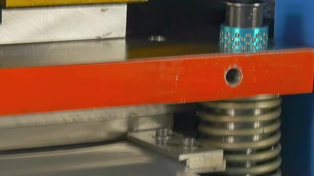 The camera captures the precise movements of a machine's components in a busy manufacturing area. Springs compress and release, showcasing the harmony of engineering at work in the production process.