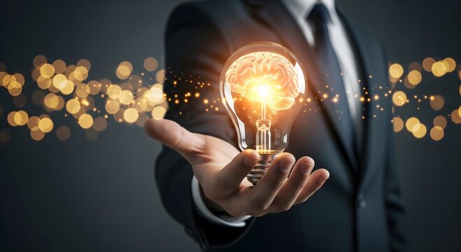 High resolution illustration of a businessman holding a lightbulb containing a glowing brain. Ideal for artificial intelligence mental health innovation and deep learning concepts.