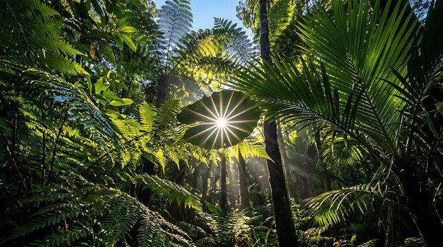 Sunlight filtering through lush green jungle canopy with vibrant foliage.