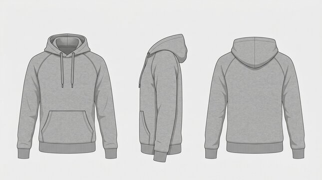 Blank Gray Hoodie Mockup Set Front Side Back View Technical Flat Sketch for Apparel Tech Pack Streetwear Design Template