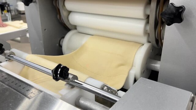 Industrial bakery production line. Rollers sheet the dough thinly. Automated technologies, conveyor lines