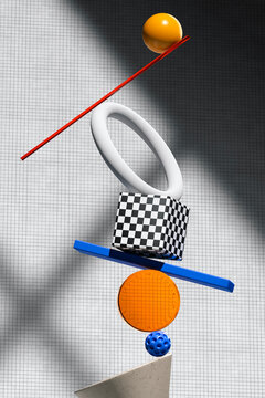 Abstract balanced geometric set with various shapes and textures.