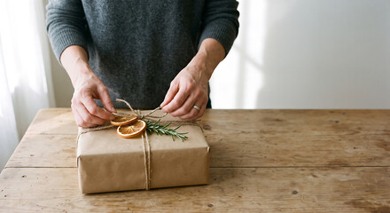 Eco-Friendly Gift Wrapping with Kraft Paper, Dried Orange Slices, and Rosemary