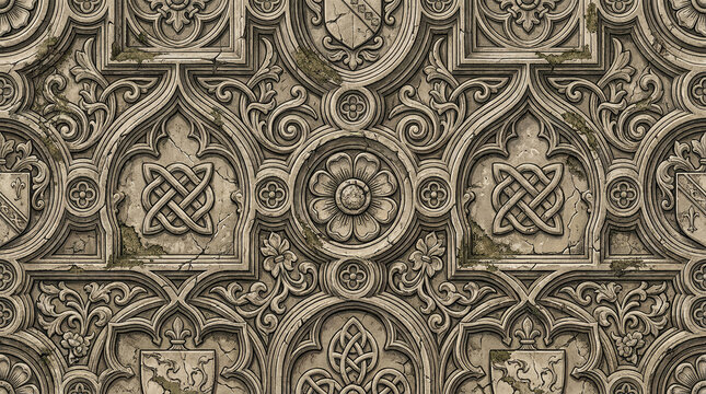Textured stone relief with gothic architectural details and celtic knotwork.