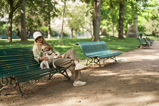 Woman Relaxing on Park Bench With Her Jack Russell Terrier Companion 