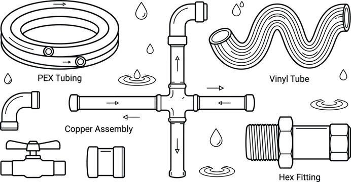Plumbing pipe vector icon set featuring copper assembly pex tubing vinyl tube hex fitting valve and droplets