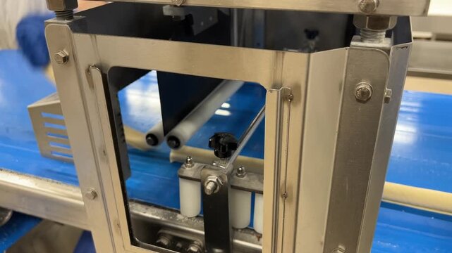 Industrial bakery production line. Dough formed into a roll is cut by a guillotine. The dough pieces proceed to the next stage of shaping. Automated technologies and conveyor lines
