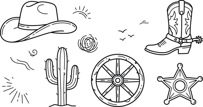 Western cowboy wild west vector element set featuring hat boot spur cactus wagon wheel and sheriff star