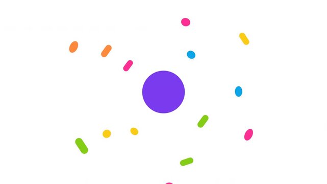 Abstract 2D motion graphics of multi-colored dots and rounded lines orbiting a central purple circle on white background
