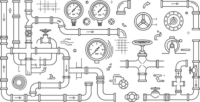 Industrial plumbing water pipeline vector icon set featuring steel pipes pressure gauges valves meters and elbow joints