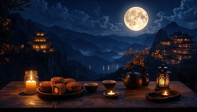 Traditional mooncakes with tea and candle on wooden table overlooking mountains at night.