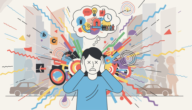 Young woman suffering from sensory overload and headache in a loud chaotic city with stressful thoughts.