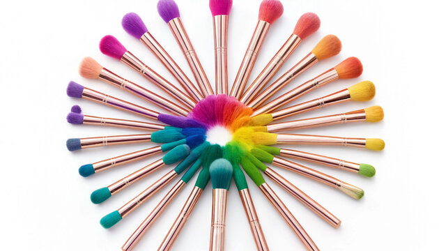 Colorful makeup brushes arranged in a radial pattern with a vibrant spectrum of bristles and rose gold handles