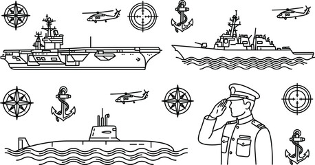 Naval military fleet warships line icon vector set with aircraft carrier destroyer submarine helicopter and officer © MstLaky