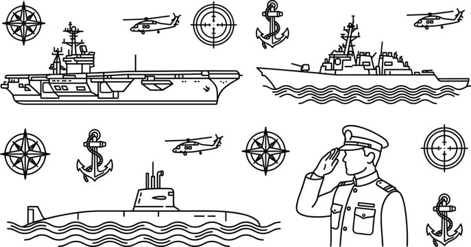 Naval military fleet warships line icon vector set with aircraft carrier destroyer submarine helicopter and officer